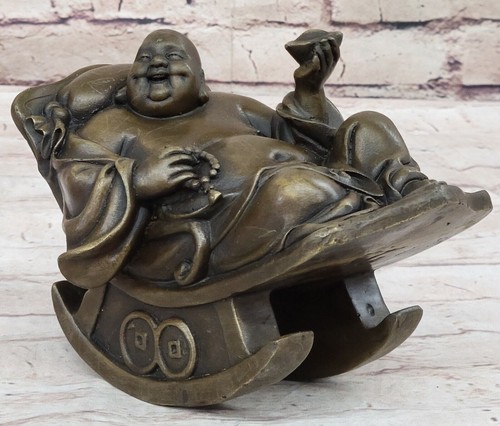 Vintage Bronze Laughing Maitreya Buddha Sculpture by Milo: Joyous Sitting Statue - Picture 3 of 10