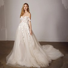 Elegant Off The Shoulder Sweetheart Lace Applique Beach A Line Wedding Dresses