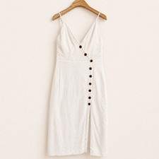 Urban Outfitters Amber White Linen Blend Button Front Midi Dress V Neck Slit SM