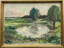 Impressionist Summer Landscape Fields Lake Trees Sky Oil Painting Denmark 