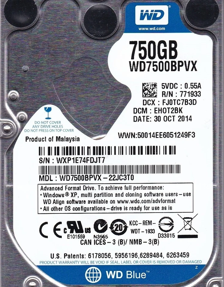 WD7500BPVX-22JC3T0 dcm: EH0T2BK sn: WXP1E7 OCT 2014 750GB 2.5" WESTERN DIGITAL - Image 3 of 4