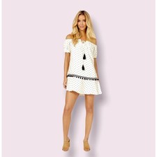 Minkpink Off-Shoulder Common Ground Cream Black Ruffle Mini Dress Pom Tassel XS