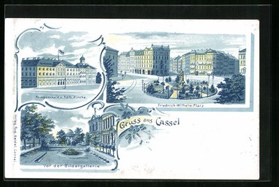 Lithographie Cassel, Partie an der Kriegsschule und Kath. Kirche, Friedrich-Wil 