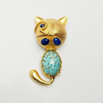 Vintage Brosche Gold Blau Jelly Belly Funky Katze Tier Italien