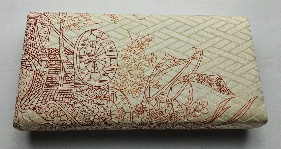 Bolso sin asas vintage japonés Kimono Obi rojo marfil carro floral Foto 2 de 4