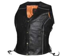 Women’s Braided Motorcycle Side Lace Black Leather Vest Concealed Carry Pocket