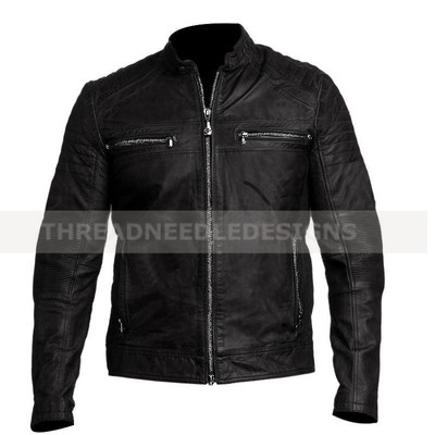 Herren Mode Biker Vintage Style Cafe Racer Schwarz Lederjacke Neu mit Etikett