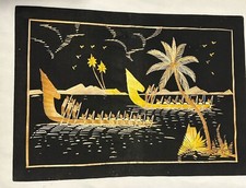 Asian Art Reed Grass Bamboo Black Picture Long Boats Tree Scene 14"x10"