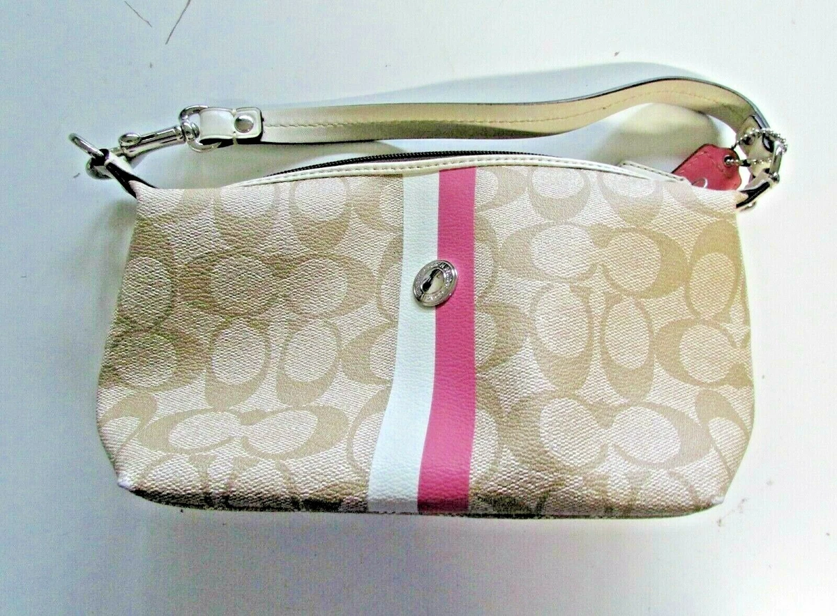 Coach White Brown Pink Tan Leather Canvas Small Purse Clutch Satchel Handbag