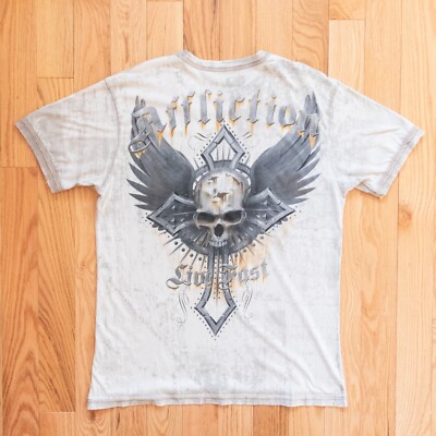 Affliction Men's y2k Skull Cross Live Fast White TShirt Tapout MMA