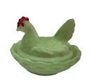Vintage Westmoreland Mini Hen On A Nest Milk Glass Painted Green Salt Cellar