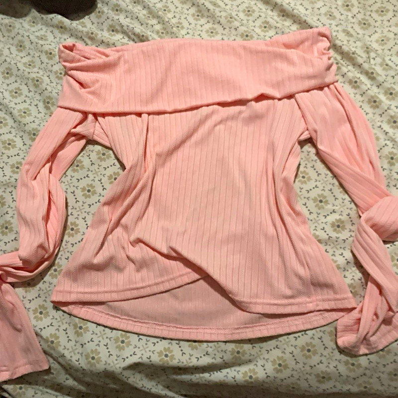 shien Women's Pink Off-the-Shoulder Rib Knit Long Sleeve Stretch Top M