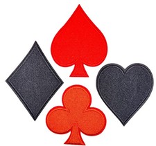 PLAYING CARD PATCHES SET RED BLACK 4PCS CLUB DIAMOND SPADE HEART 2" EACH IRON ON