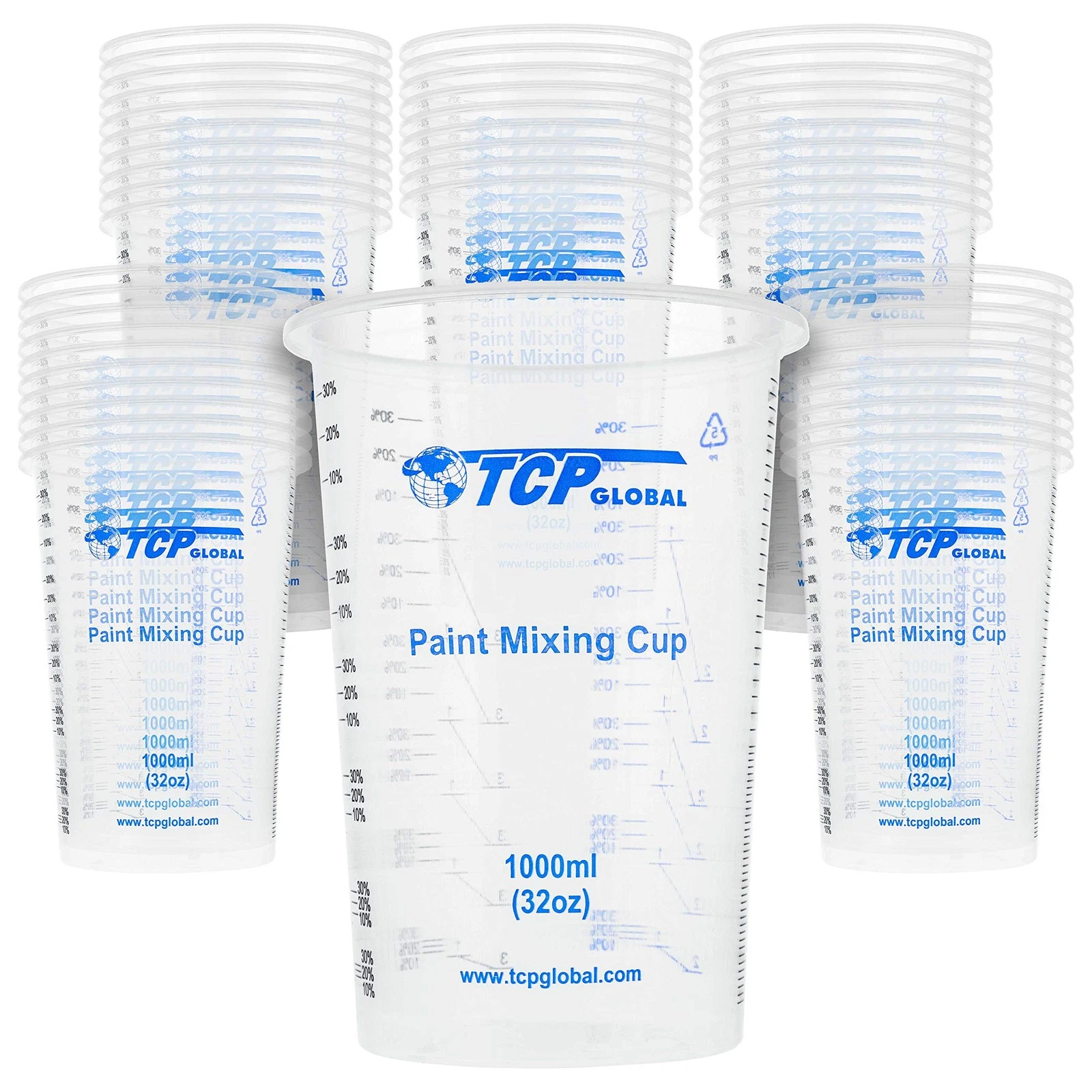TCP Global 32 oz. 1000ml Graduated Plastic Mixing Cups Box of 50 - Disposable...