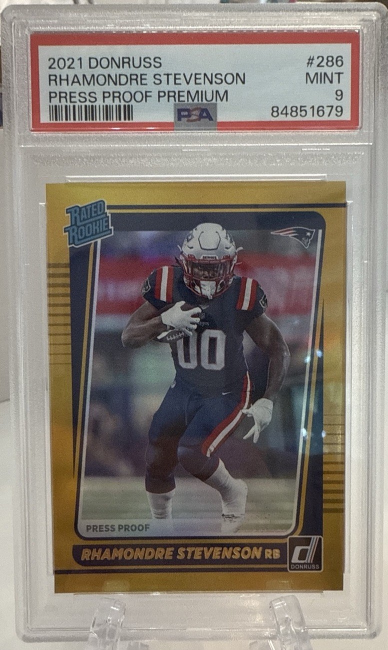 2021 Donruss Rhamondre Stevenson Press Proof Premium Rated Rookie RC #286 PSA 9