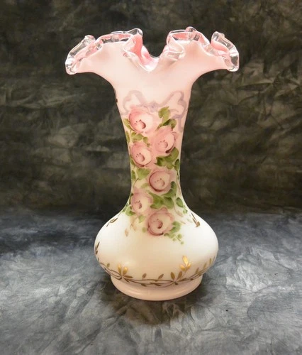 Vintage Fenton Charleton Peach Crest Ruffled Glass Vase; 8"; with Stamp