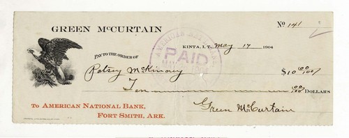 CHECK-  KINTA INDIAN TERRITORY GREEN McCURTAIN CHIEF CHOCTAW NATION 1904