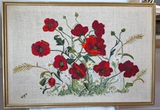 Vintage LARGE Finished Framed Red Poppies & Daisys Crewel Embroidery Signed