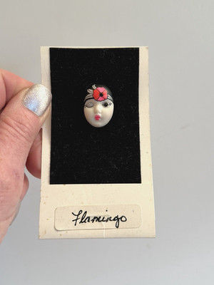 Vintage Adagio Hand Painted & Signed Porcelain Face Brooch Pin ''Flamingo'' Lady