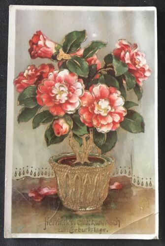 alte Glückwunsch-PK von 1942 zum Geburtstag „roter Blumenstock“ mit Goldglanz - Bild 1 von 2