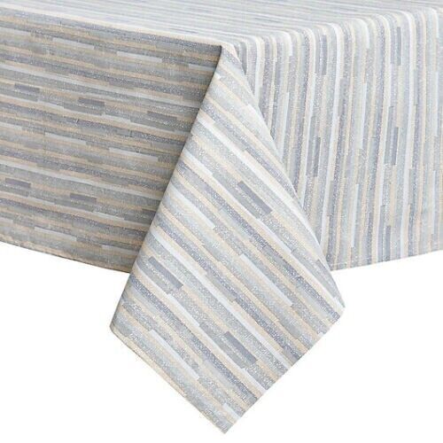 Twill Striped Laminated Fabric Dinner Table Tablecloth Oblong 60 x 104 Blue Tan