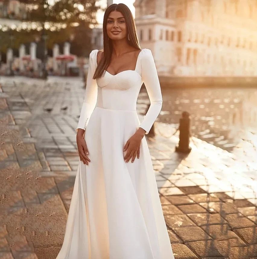 Boho Long Wedding Dresses Square Collar Satin Full Sleeves A Line Open Back - Image 3 of 4