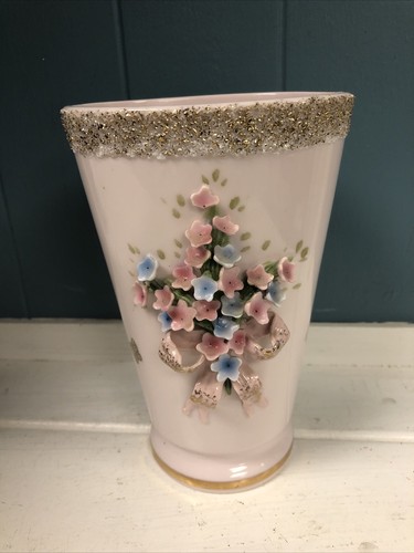 Vintage 7” Lefton Pink Vase 3D Flowers Gold Trim MCM Japan With Bow - Picture 9 of 9