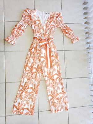  Chicways Women's Orange White Foral Palm Pant Puffy Sleeves Jumpsuit Large