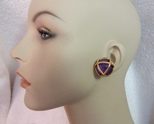 Italy Gold Plated Purple Cabochon Clip Earrings Vintage Amethyst Glass --Superb! - Picture 2 of 12