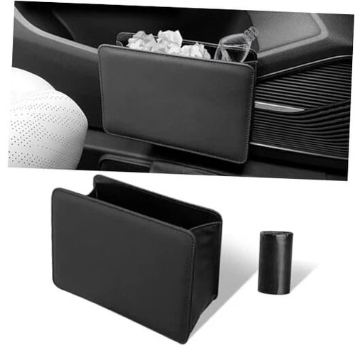 Car Trash Can, Auto Leather Trash Bin Garbage Organizer Holder with One Black