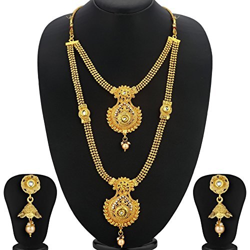 Orecchini Jhumka placcati oro collana girocollo indiano Bollywood set gioielli da sposa - Foto 1 di 4