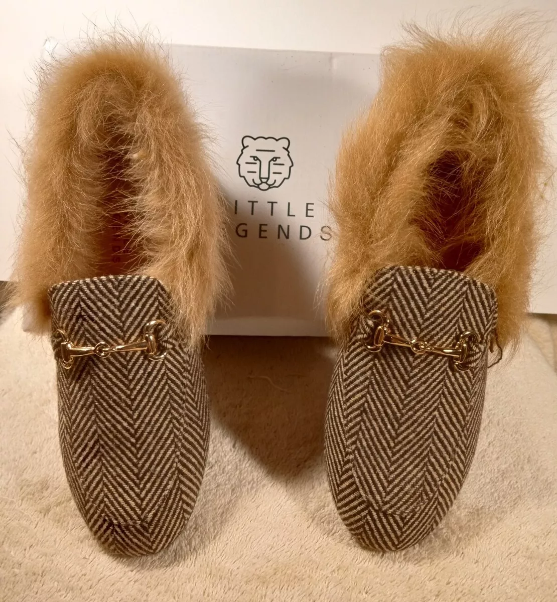 New Little Legend Gray Herringbone Loafers Slip On Faux Fur Brass