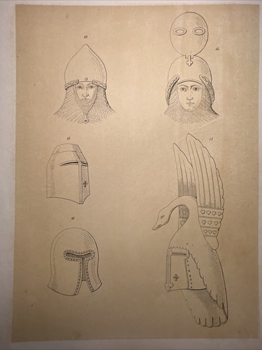 Helmet armor treasure medieval knight costumes 1855 antique steel engraving