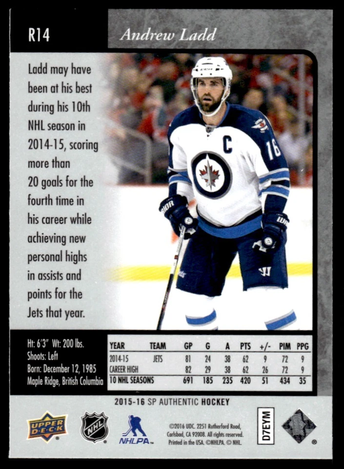 2015-16 SP Authentic 1995-96 Retro Andrew Ladd Winnipeg Jets #R14 - Image 2 of 2