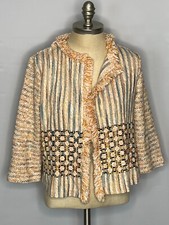 Chicos size 1 sweater jacket 3/4 sleeve open front fringe tweed orange cream