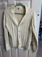 Vtg Kings Road Sears Sweater Cardigan Knit Cable Made in USA Large Cream Grandpa