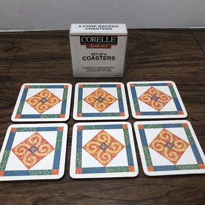 Vintage Corelle SAND ART Cork Backed Coasters Lot of 6