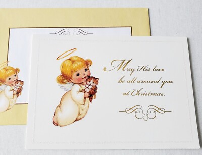 Christmas Card Cute Angel with Kitten Glittery May His Love Be All Around You