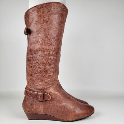 Cathy Jean Women s 8 Brown Tan Leather Boots W/Buckle Riding 90s Y2K Below Knee
