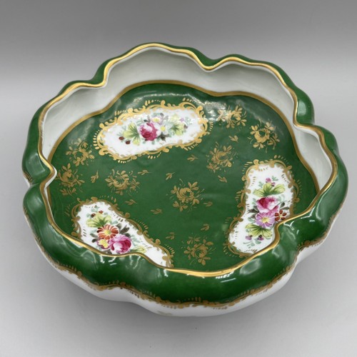 Antique French Hand Painted Porcelain Footed Bowl Green & Gold Gilt Floral - Picture 2 of 8