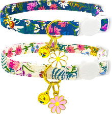 2 Pack Cotton Breakaway Cat Collars Set with Bell and Flower Pendant, Cute Flora