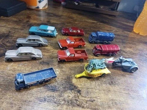 Lot Of 11 VINTAGE Matchbox Cars,  DIECAST.  Trucks. Motorcycles. As-is