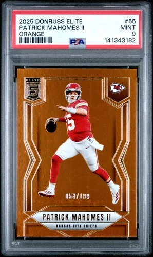 2025 PANINI DONRUSS ELITE ORANGE #55 PATRICK MAHOMES II 054/199 PSA 9