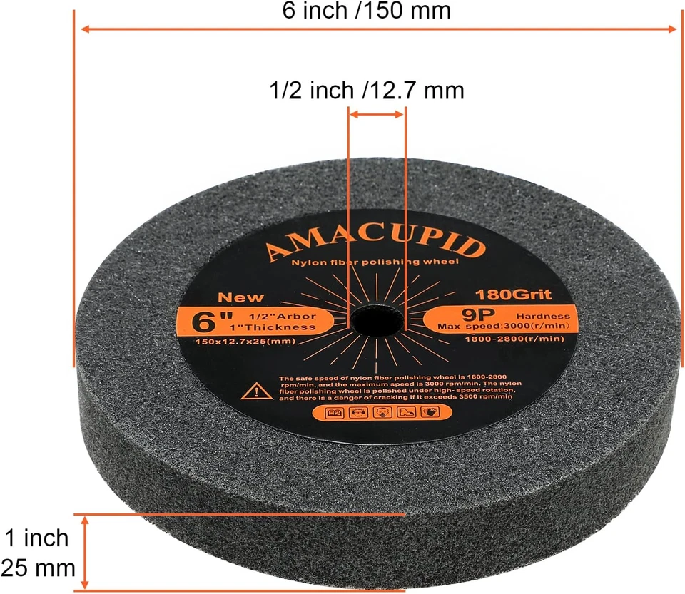 Rueda de desbarbado de fibra de nailon 6 pulgadas 180 grano 1/2 pulgada eje para amoladora de banco Foto 2 de 4