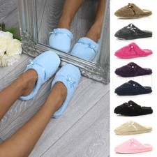 WOMENS LADIES FLEECE BORG COMFORT LOUNGE SLIPPERS GRIP SOLE INDOOR MULES SIZE