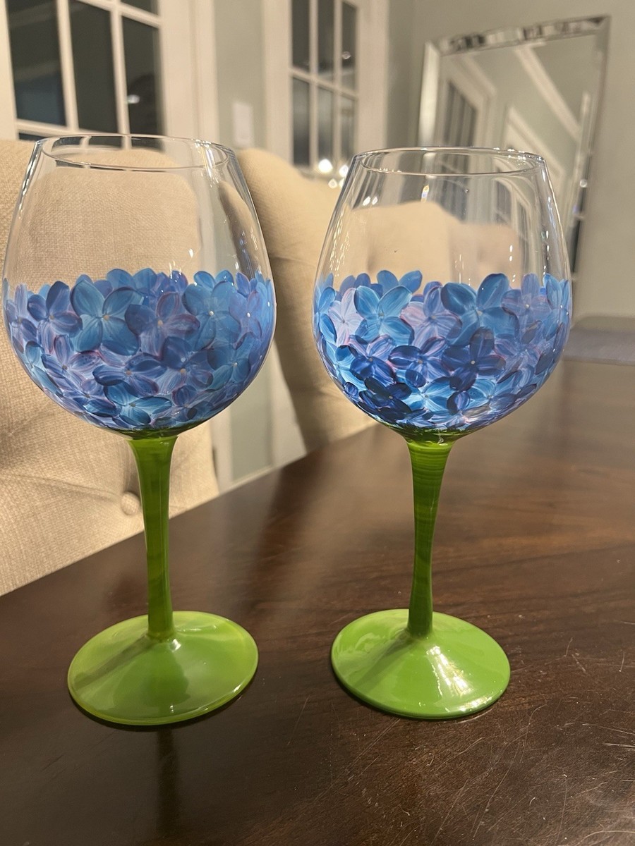 Pier 1 Hand Painted Wine Glasses Blue Hydrangea Set of 2 Balloon Stem  Stunning! | eBay