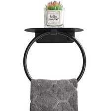 Matte Black Bath Towel Ring with Shelf, Stainless Steel Towel Holder, Wall Mount