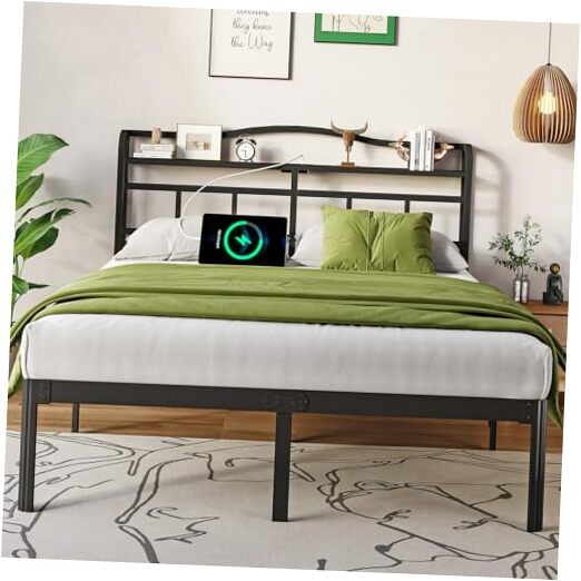 Queen Bed Frame with Headboard and USB-C Charging Ports  -image