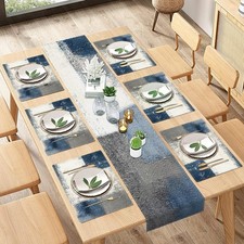 Farmhouse Table Runner and Placemats Set of 6, Abstract Blue Grey Painting Ar...