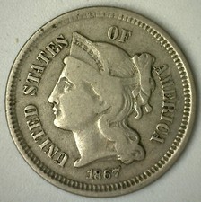 1867 Nickel Three Cents Coin Circulated 3c US Type Copper Nickel Coin 3CN